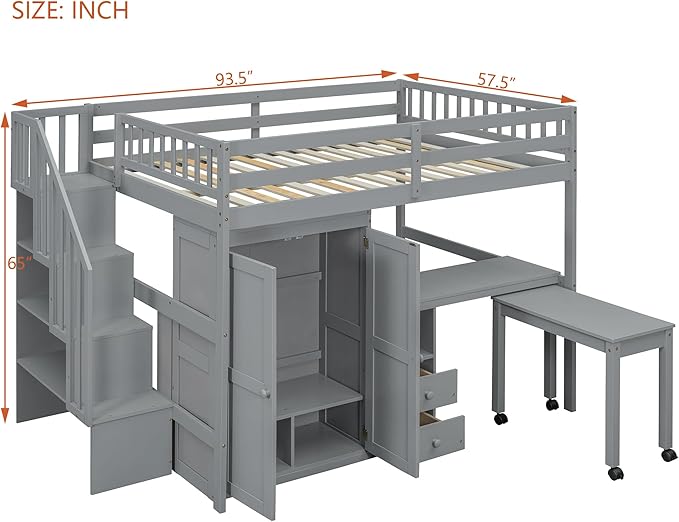 Merax Full Multifunction Loft Bed with Desk, Wardrobe, Drawers, Wood Loft Bed with Staircase & Full Length Gardrails for Boys, Girls, No Box Spring Needed Gray