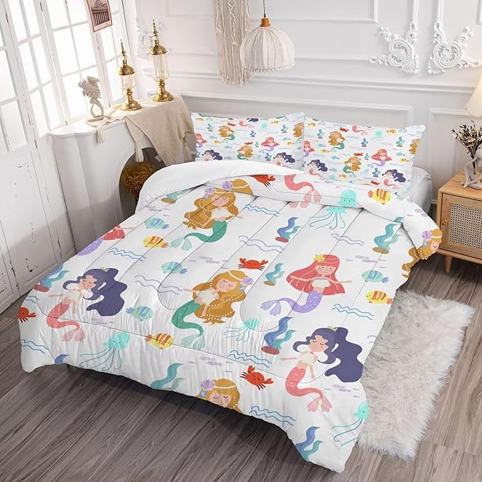 kxry Little Mermaid Princess Comforter Set Full Size Fairy Tale Sea Shell Grass Bedding Sets for Girls Teens Kids Soft Microfiber Lightweight Comforter Set with 1 Comforter + 2 Pillow Cases