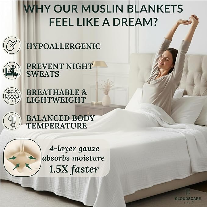 Cloud Scape Linen Oversized 4 Layer Muslin Blanket Twin Size - 100% Cotton, Lightweight & Breathable All Season Gauze, Pre-Washed, for Bed, Couch, fits Twin XL Bed,68x92, White