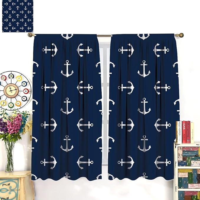 Nautical Curtains,MarineThemed Oceanic Anchor Pattern Blackout Print Home Bedroom Living Room Window Treatments 2 Panel Set 72x63 Inch