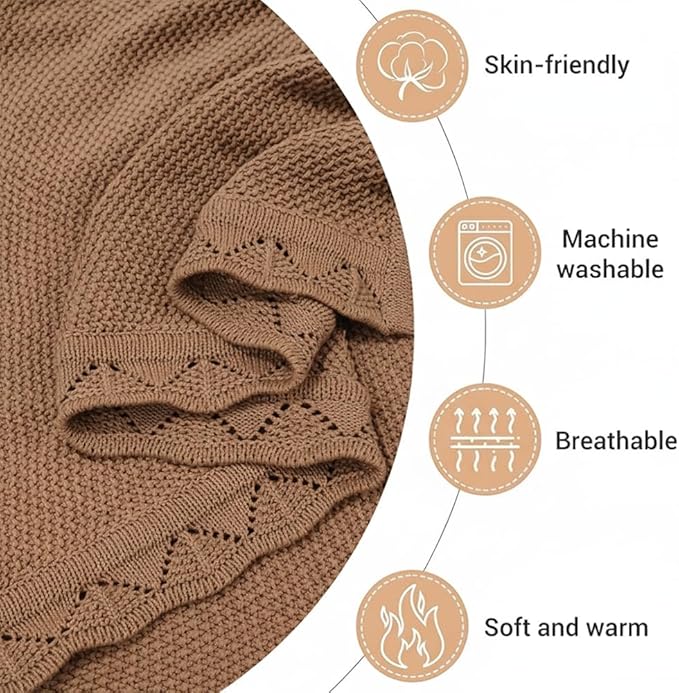 Baby Knit Blanket Soft Breathable Cotton Scallop Border Blankets Newborn Knitted Blanket Swaddle Blankets Gifts for Baby Newborn Toddler Shower Boy Girl New Mom Birthday Christmas Mocha 30x40