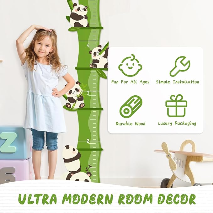 Personalized Name Growth Chart, Bamboo Panda Wooden Height Chart, Thick Height Measuring Board, Kids Height Tracker for Nursery Decor, Baby Boy Girl Measurement Ruler