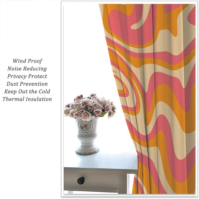 Abstract Wavy Swirl Curtains,60s 70s Groovy Aesthetic Retro Boho Orange Pink Abstract Curtains for Girls Bedroom Living Room Window 42"" W X 45"" L, Style-2