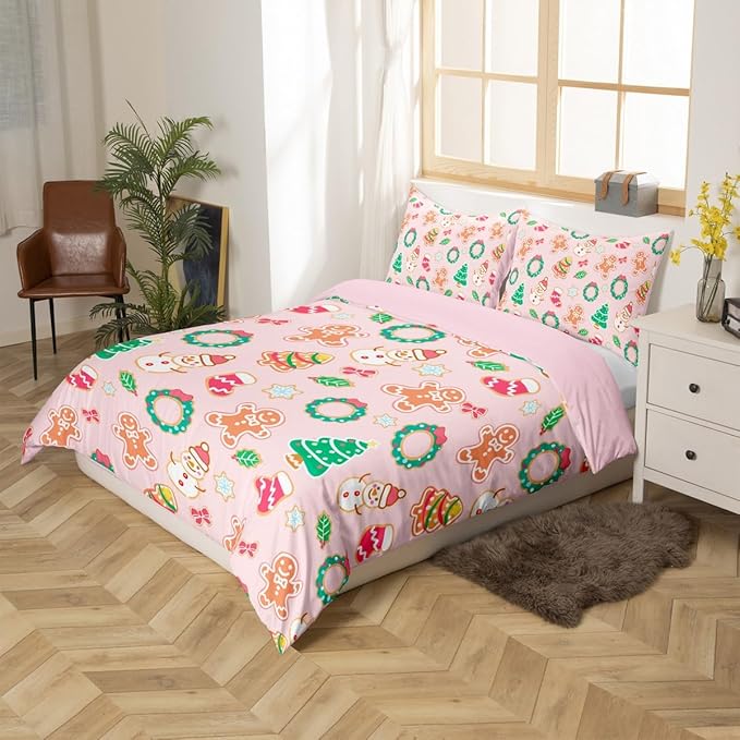 Feelyou Christmas Comforter Cover Cartoon Snowman Christmas Tree Bedding Set Gingerbread Man Xmas Theme Duvet Cover for Kids Boys Girls Microfiber Pink Bedspread Cover Room Decor Bedclothes Toddler