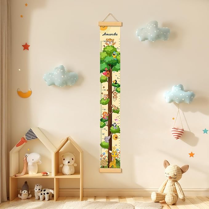 Personalized Name Growth Chart Wall Decor for Kids – Canvas Removable Height Chart Measuring Ruler 59" x 7.9" (Paint Big Trees and Animals)