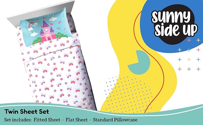 Sunny Side Up Magic Castle Twin Sheet Set - 3 Piece Kids Bedding Set Includes Pillow Cover – Super Soft Floral Butterfly Microfiber Sheets