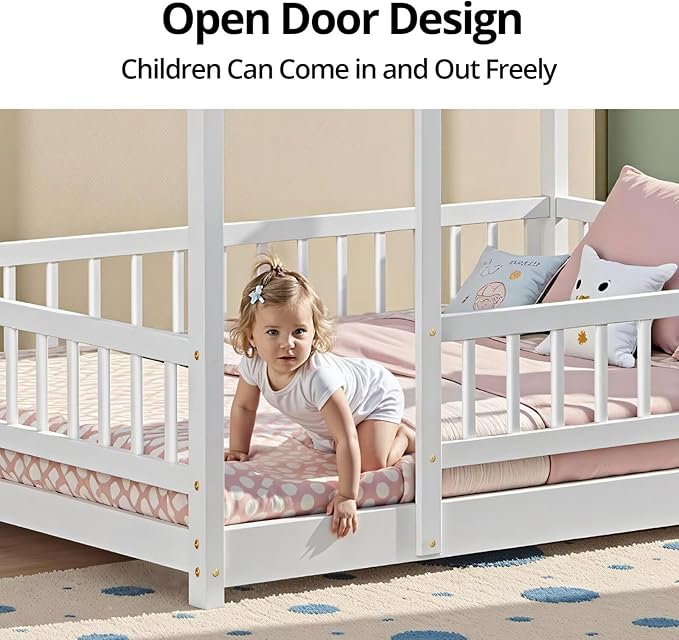 LLS Full Size Montessori Floor Bed Frame with Slats and Fence, Wooden House Bed for Boys Girls Bedroom, White