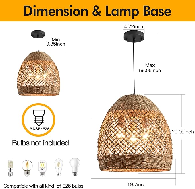 19.7" Rattan Light Large Pendant Light Fixture,Boho Coastal Ceiling Hanging Woven Wicker Chandelier of Farmhouse Living Room Kitchen Island Dining Room, Hallway