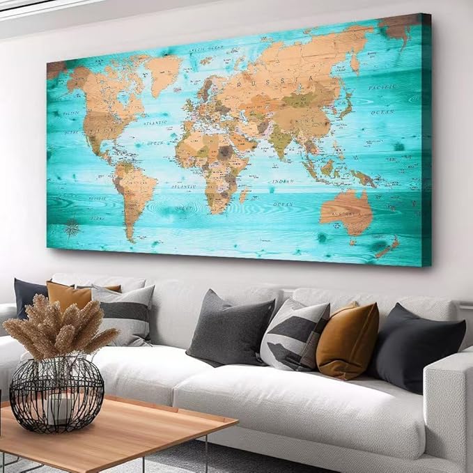 Large Wall Art Blue map of The World Painting Ready to Hang 36"x70"Large Framed Wall Art World Map Canvas Map Decorations Artwork Prints