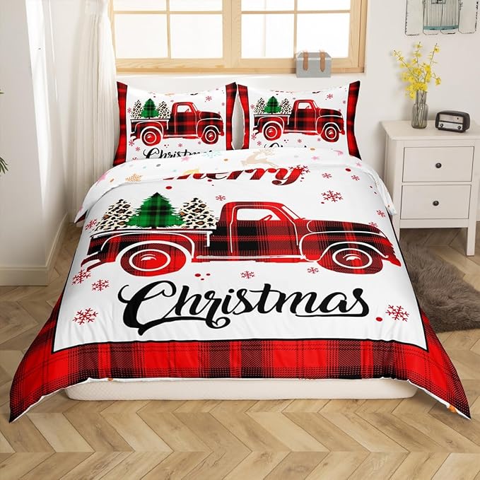 Xmas Truck Duvet Cover Set Twin Size, Christmas Tree Snowflake Print Bedding Set 2pcs for Kids Boys Girls Bedroom Decor, New Year Theme Red Plaid Print Comforter Cover with 1 Pillowcase,No Comforter