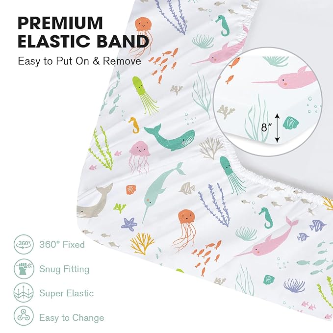 Little Grape Land Crib Sheets for Boys and Girls, 2-Pack Soft Microfiber Fitted Baby Sheets for Standard Crib and Toddler Mattress – Breathable & Secure (Ocean & Green)