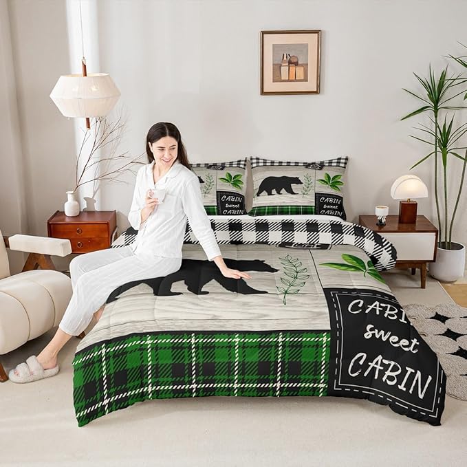 Bear Silhouette Kids Comforter Set Full Size,Leaves Wooden Plank Bedding,Girls Boys Adults Bedroom/Xmas Cabin Decor,Geometric Grids Retro Down Comforter,Rustic Farmhouse Duvet Insert,2 Pillowcases