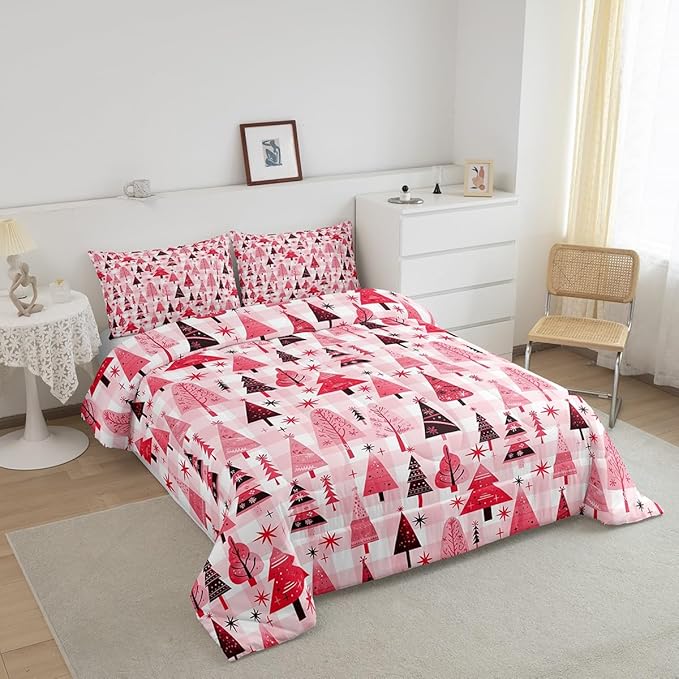 Manfei Cartoon Tree Comforter Set Queen Size, Christmas Theme Bedding Set 3pcs for Kids Girls Adults Bedroom Decor, New Year Pink Plaid Down Comforter Soft Polyester Quilt Set with 2 Pillowcases