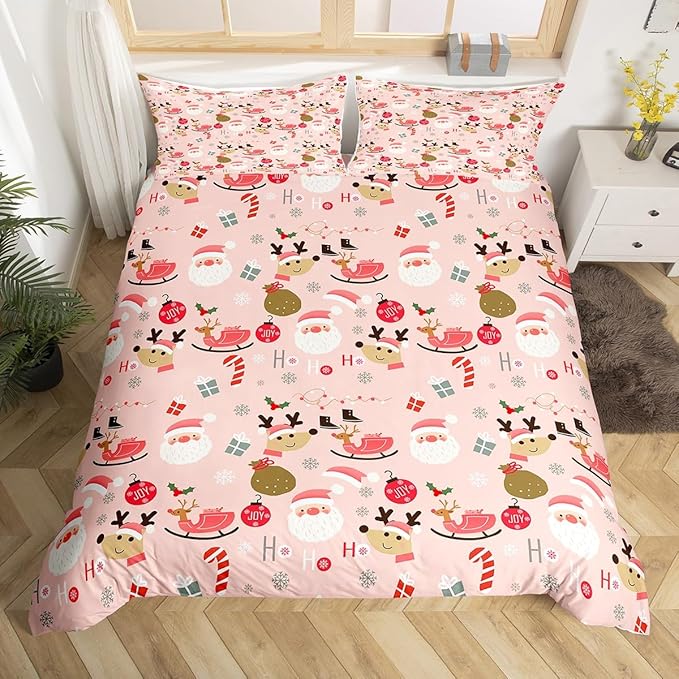 Manfei Christmas Duvet Cover Set King Size, Santa Claus and Reindeer Bedding Set 3pcs for Kids Girls Adult, New Year Theme Comforter Cover Soft Polyester Quilt Cover with 2 Pillowcases,No Comforter