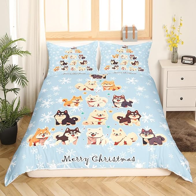 Manfei Xmas Tree Duvet Cover Set Full Size, Cute Christmas Dogs Print Comforter Cover with 2 Pillowcases, New Year White Snowflake Print Bedding Set 3pcs for Kids Boys Girls Bedroom Decor,No Comforter