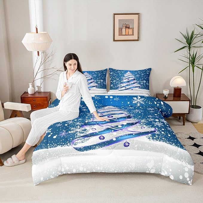 Feelyou Merry Christmas Kids Comforter Set Toddler Size Christmas Tree Bedding Set Snowflake Duvet Quilt for Kids Boys Girls Bedroom Winter Decor Microfiber Ultra Soft Breathable