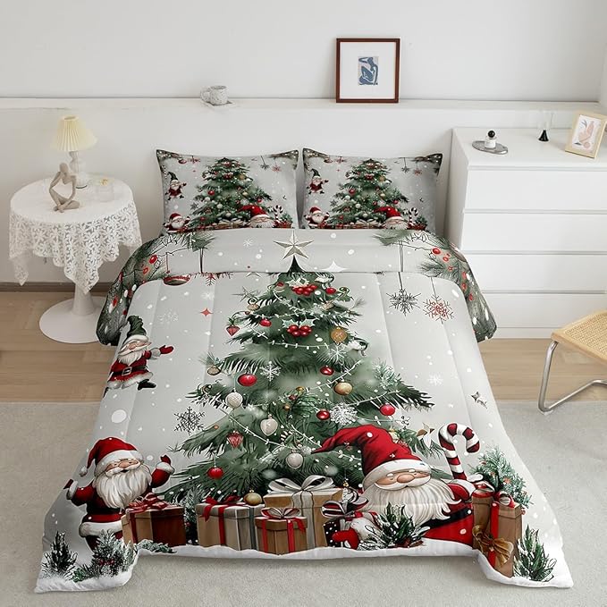 Merry Christmas Bedding Set Full Size,Christmas Tree Snowflake Comforter Set for Kids Boys Girls Room Decor,Santa Claus X'mas Theme Duvet Insert 3Pcs,Star Polka Dot Glitter Quilt Set,2 Pillowcases