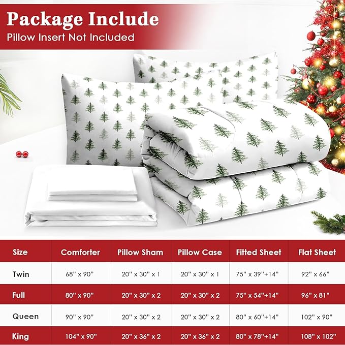 7 Pcs Full Size Christmas Comforter Set with 2 Pillowcases & 2 Shams, Nature Simple Pine Tree Bedding for Kids and Adults, Winter Merry Xmas Bed in a Bag with Flat Fitted Sheet