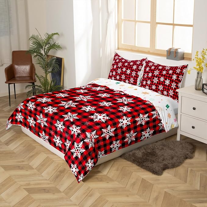 Christmas Kids Bedding Set Snowflake Xmas Theme Bedding Duvet Cover Set for Boys Girls Red Black Buffalo Check Decor Comforter Cover Set New Year Bedspread Cover Bedroom Quilt Cover 3Pcs Queen Size