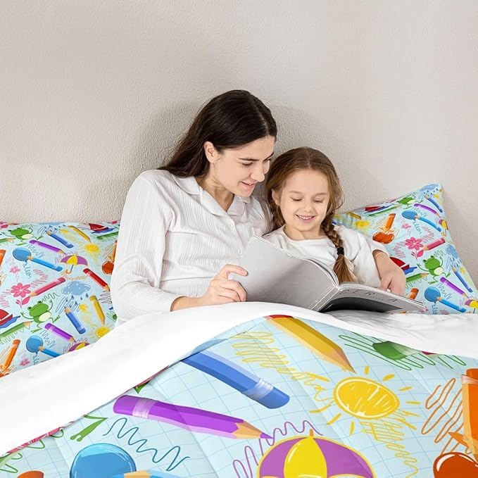 Feelyou Kids Cartoon Pencil Comforter Set Full Size, Colorful Nursery Bedding Set Cute Crayon Comforter for Kids Boys Girls Funny Art Printed Duvet Set Durable Bed Set 3Pcs