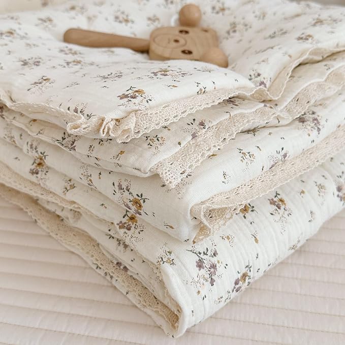 BuLuTu Muslin Baby Quilt for Girls Boys Quilted Blanket 2 Layers Gauze Cotton Baby Blanket Nursery Bed Blanket Shower Gift for Toddler Newborn, Crapemyrtle Pattern, 47"x59"