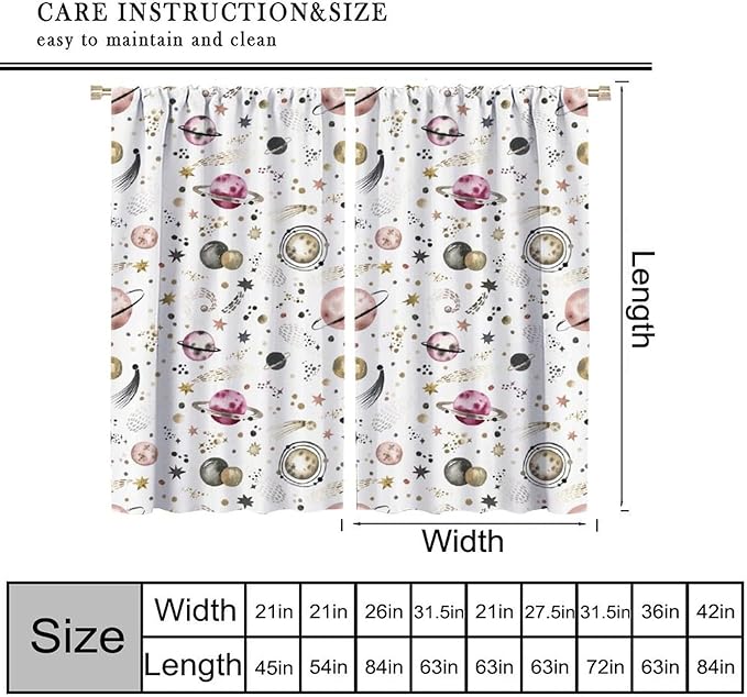 Kids Outer Space Curtains, Cartoon Galaxy Planet Universe Starry Starts Printed Window Drapes for Boys Girls Teens Bedroom Nursery 72" W X 63" L