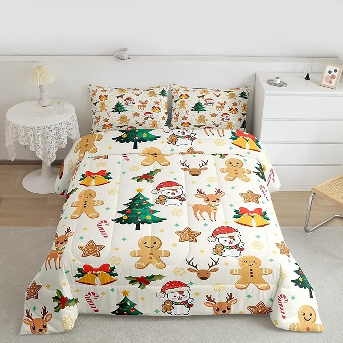 Feelyou Merry Christmas Kids Comforter Set Toddler Size Gingerbread Man Bedding Set Cute Deer Duvet Quilt for Kids Boys Girls Bedroom Christmas Tree Decor Microfiber Ultra Soft Breathable