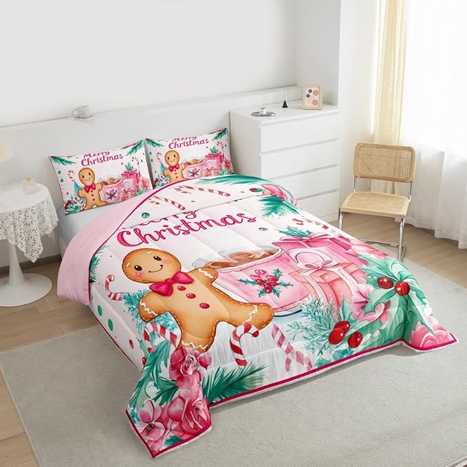 Feelyou Gingerbread Man Kids Comforter Set Queen Size Merry Christmas Bedding Set Christmas Decor Duvet Quilt for Kids Boys Girls Bedroom Xmas Decor Microfiber Ultra Soft Breathable