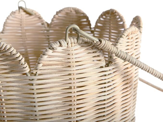 Scalloped Edge Round Basket with Handle, Super Sturdy Wicker Storage Baskets, Hand Woven Basket for Shelves,Natural Baskets for Organizing (White Rattan, 10.2"*10.2"*7.3")