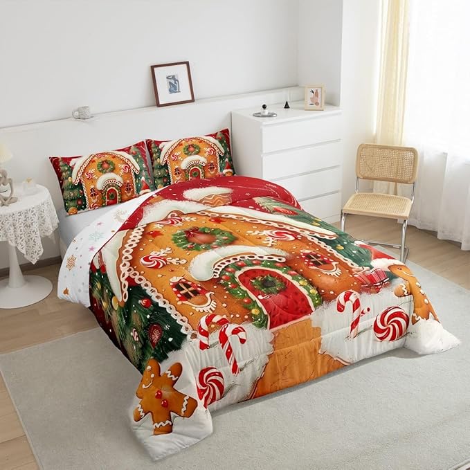 jejeloiu Kids Christmas Theme Comforter Set Queen Size Xmas Tree Gingerbread Man Bedding Set for Boys Girls Teens Candy Cane House Winter Happy New Year Duvet Quilt Room Decor
