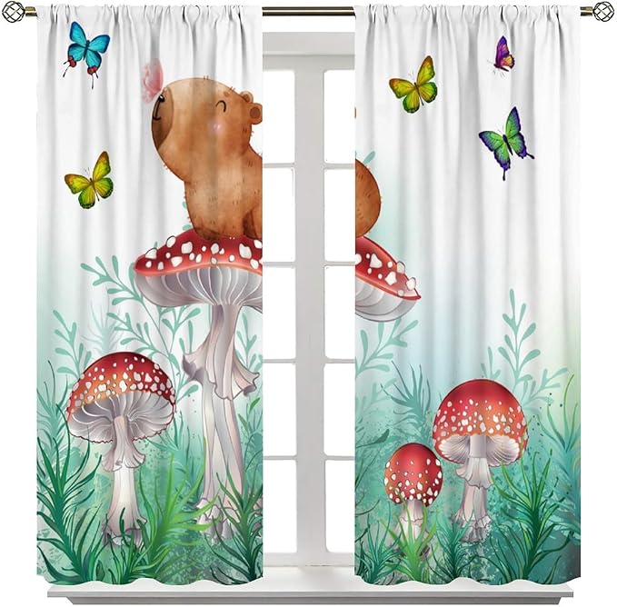 Cartoon Animals Curtains, Cute Butterfly Capybara Blackout Window Treatments, Rod Pocket Thermal Insulated Drapes 2 Panel Sets for Kids Bedroom Nursery Classroom, 72" W X 63" L