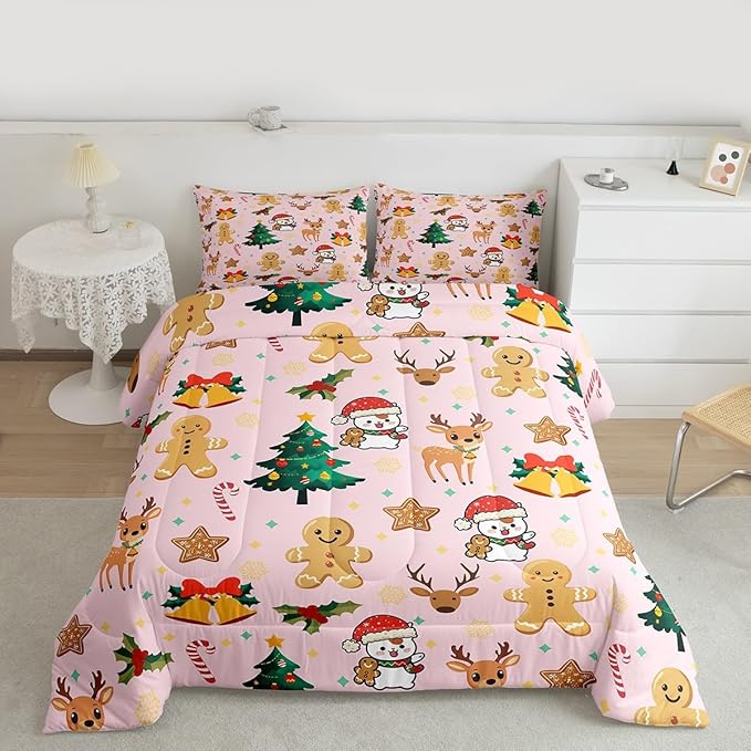 Feelyou Merry Christmas Bedding Set Soft for Boys Girls, Gingerbread Man Comforter Set Twin Size Cute Deer Duvet Quilt Microfiber Christmas Tree 2 Pcs with 1 Pillow Cases