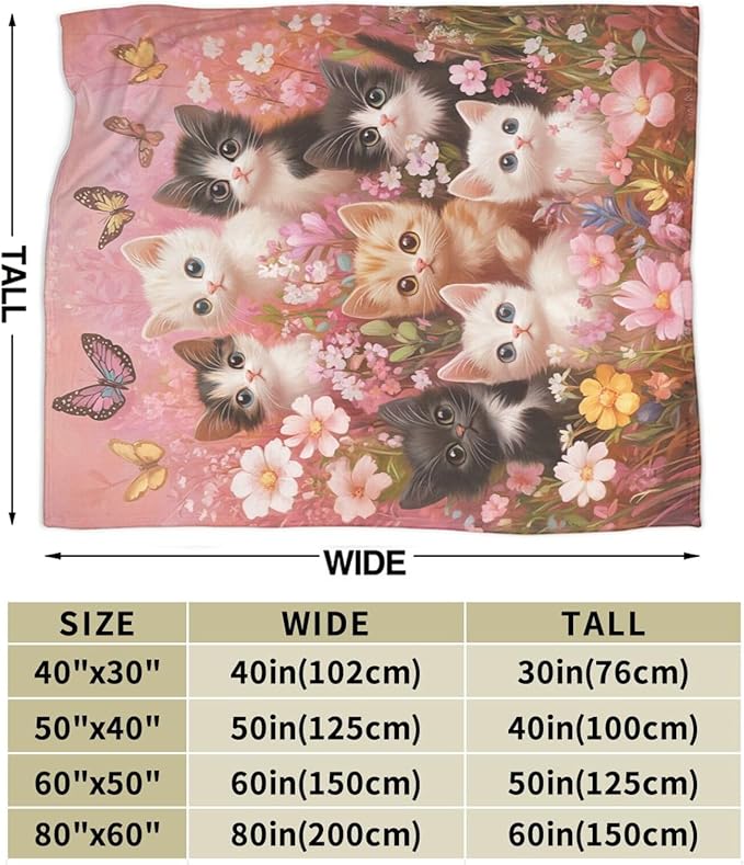 Pink Cat Blanket Funny Cats Throws Pet Animal Print Plush Fuzzy Fleece Blankets Gifts for Girls Boys Super Soft Warm Cozy Butterfly Flower Stuffed for Kids Men Women Bed Sofa Bedding 60"x50"