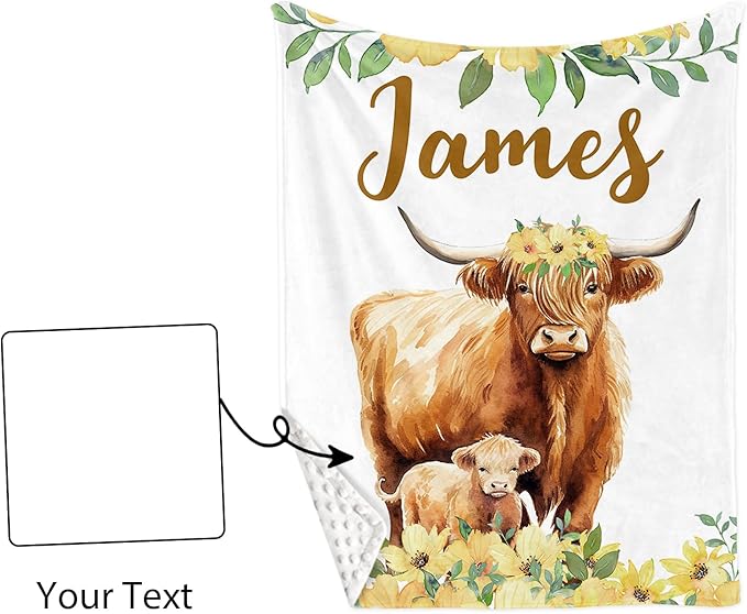Custom Baby Crib Bedding Set,Personalized Name Yellow Flower Highland Cow Nursery Bed Set 4 Piece,Baby Blanket Fitted Sheet Nursery Rug Wall Art Set,Custom Room Decor Idea Gift for Newborns Boys Girls