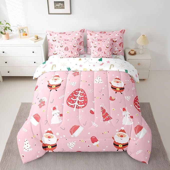 Feelyou Santa Claus Bed in a Bag Cute Rabbit Kawaii Pink Comforter Set with Sheets for Kids Boys Girls Decor Merry Christmas Bed Set Girly Pink Bedding Set Bedroom Collection King Size