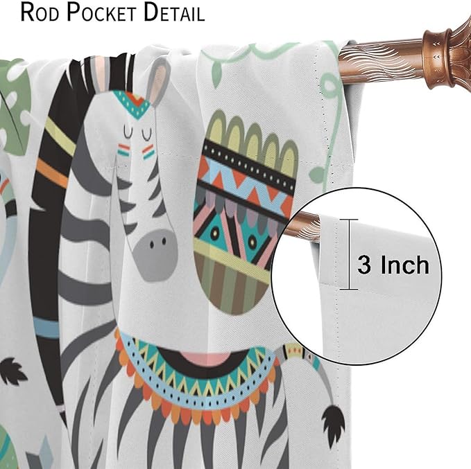 Jungle Tribal Animals Curtains, Southwest Aztec Cartoon Funny Zoo Animals Giraffe Lion Elephant Zebra Tiger Print Thermal Insulation Window Drapes for Kids Boys Girls Bedroom Living Room 42x45 Inch