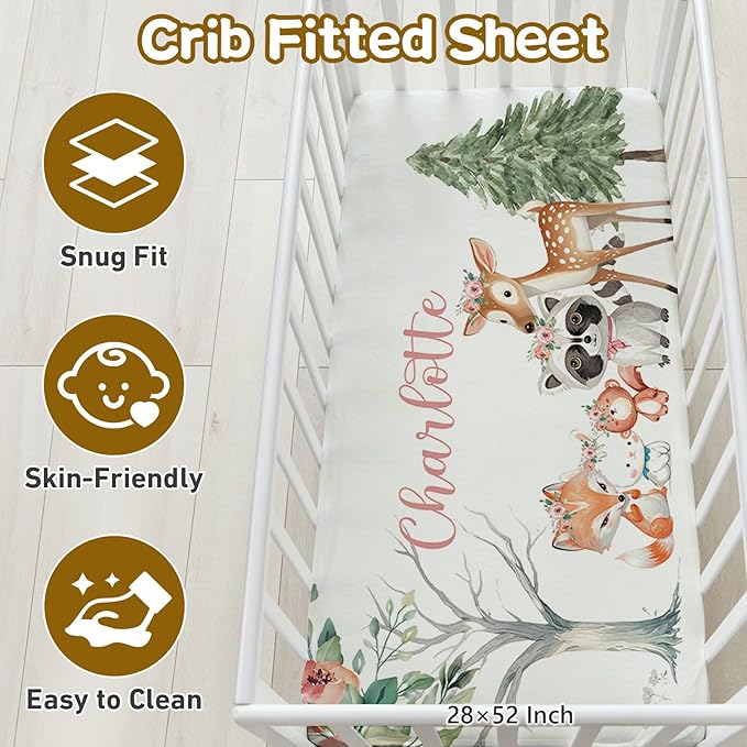 Custom Name Crib Bedding Set, 3 Pcs Personalized Baby Crib Bedding Set, Soft Pink Forest Animals Nursery Crib Sets for Boys Girls, Double Layer Toddler Bedding Set Customized Gifts for Newborn
