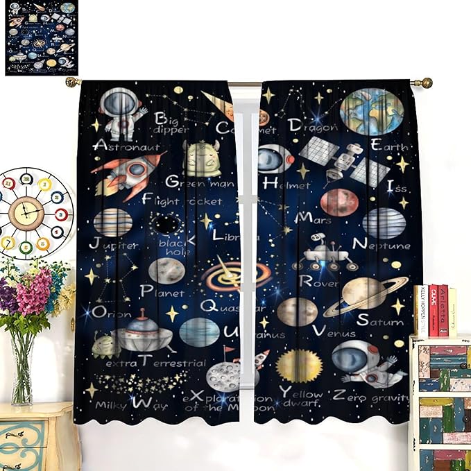 Cartoon Kids Alphabet Astronaut Curtain，Retro Cute Cosmic Galaxy Letter Printed Rod Pocket Blackout Window Treatments for Boys Girls Bedroom Living Room School 52" W X 84" L