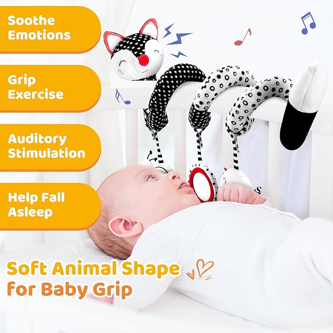 FATI Car Seat Toys for Babies, Hanging Toys for Newborns, Black and White High Contrast Toy for Baby, Spiral Stroller Toys for 0-12 Months Baby - Ideal Gift