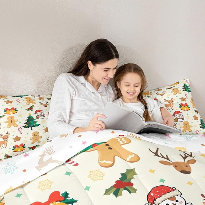 Feelyou Merry Christmas Kids Comforter Set Full Size Gingerbread Man Bedding Set Cute Deer Duvet Quilt for Kids Boys Girls Bedroom Christmas Tree Decor Microfiber Ultra Soft Breathable