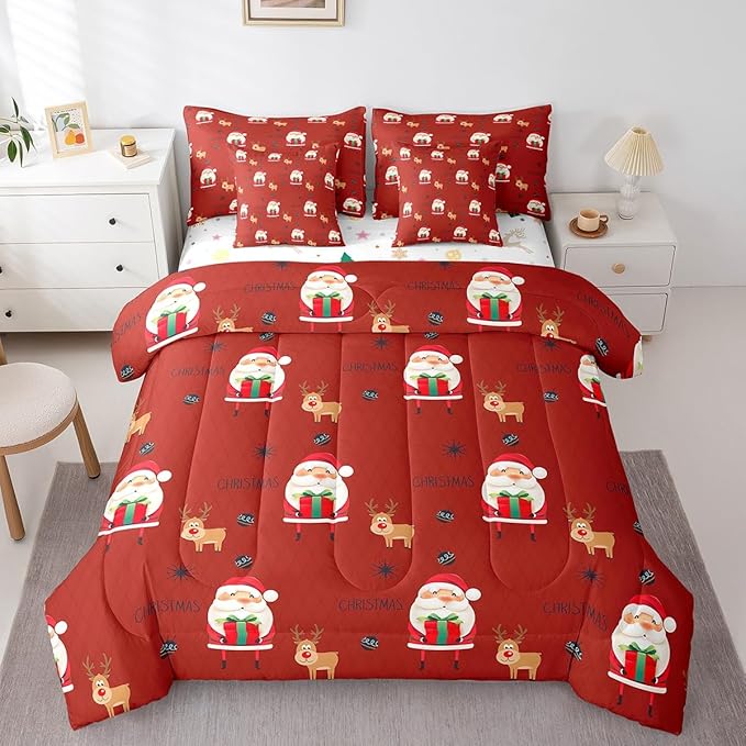 Santa Claus Bed Set Christmas Deer Bed in a Bag for Kids Boys Girls Winter Snowflake Comforter Set with Sheets Merry Christmas Khaki Red Bedding Set Bedroom Collection Queen Size