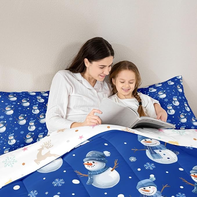 jejeloiu Kids Cute Winter Snowman Comforter Set Queen Size Blue Christmas Theme Bedding Set for Boys Girls Teens Xmas Snowflake Happy New Year Duvet Quilt Room Decor