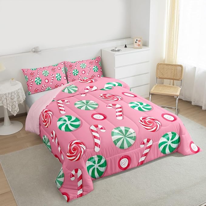 Feelyou Christmas Comforter Set Twin Size Candy Bedding Set for Kids Boys Girls Xmas Theme Duvet Quilt Bedroom Decor Microfiber 2 Pcs with 1 Pillow Cases