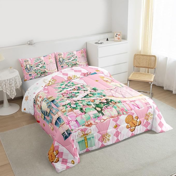 jejeloiu Christmas Nutcracker Comforter Set Twin Size Gingerbread Man Bedding Set for Kids Boys Girls Xmas Tree Duvet Quilt Pink Bedroom Decor