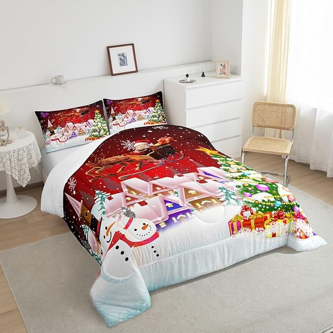 Manfei Christmas Comforter Set Full Size, Snowman Xmas Tree Bedding Set 3pcs for Kids Boys Girls Room Decor, Santa Claus with Reindeer Quilt Set New Year Theme Duvet Set with 2 Pillowcases
