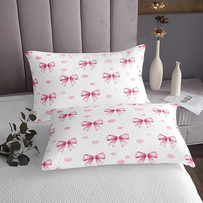 Pink Bow Princess Bedspread King Size,Bowknot Geometric Dots Toddler Coverlet Set,Girls Women Room Decor,Butterfly Knot Bow Tie Romantic Quilted Coverlet,White Simple Bedding Quilt,2 Pillowcases