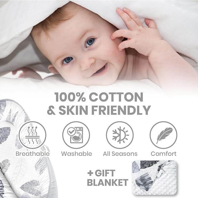 Totsi Baby Lounger with Pillow & Blanket | Ultra-Soft Baby Nest | Machine Washable Infant Lounger 0-24 Months | Adjustable Infant Nest for Travel | Baby Nest for Newborn