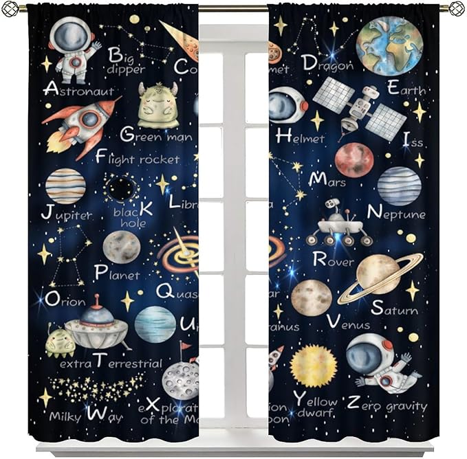 Cartoon Kids Alphabet Astronaut Curtain，Retro Cute Cosmic Galaxy Letter Printed Rod Pocket Blackout Window Treatments for Boys Girls Bedroom Living Room School 42" W X 45" L