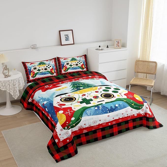 Gamer Gaming Comforter Set Twin Size,Christmas Tree Snowflake Bedding Set for Kids Boys Girls Room Decor,Video Games Christmas Theme Quilt Set 2Pcs,Red Green Plaid Xmas Duvet Insert,1 Pillowcase