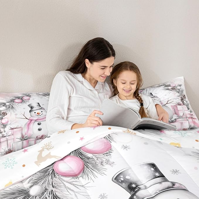 Feelyou Merry Christmas Comforter Set All Season Cute Snowman Bedding Set with 1 Pillow Cases Microfiber Kids Toddler Bedclothes Snowflake Bedroom Decor Duvet Quilt Breathable Soft